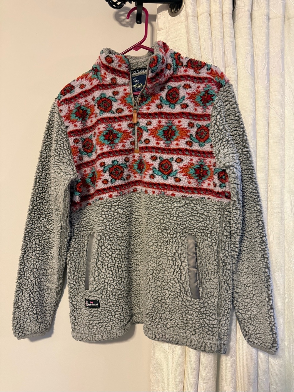 Simply Southern Grey Sherpa Pullover with Red Patterned Turtle Yoke